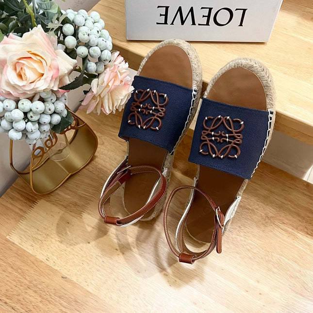 Loew Anagram Denim Brown Leather And Canvas Espadrille Sandals