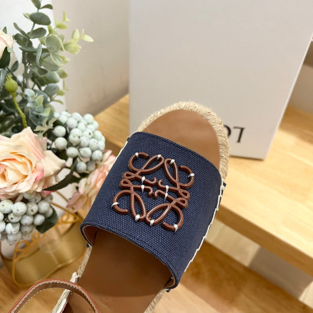 Loew Anagram Denim Brown Leather And Canvas Espadrille Sandals