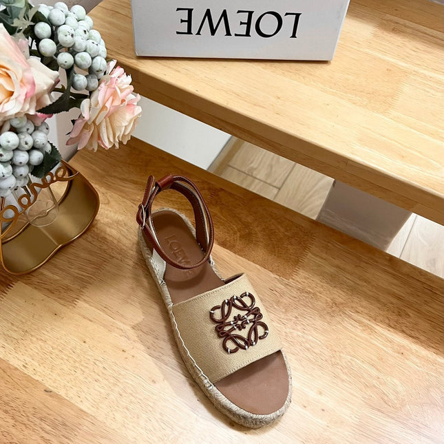 Loew Anagram Beige Brown Leather And Canvas Espadrille Sandals