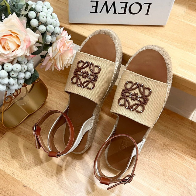 Loew Anagram Beige Brown Leather And Canvas Espadrille Sandals