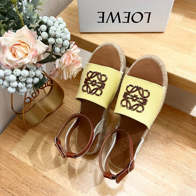 Loew Anagram Yellow Brown Leather And Canvas Espadrille Sandals