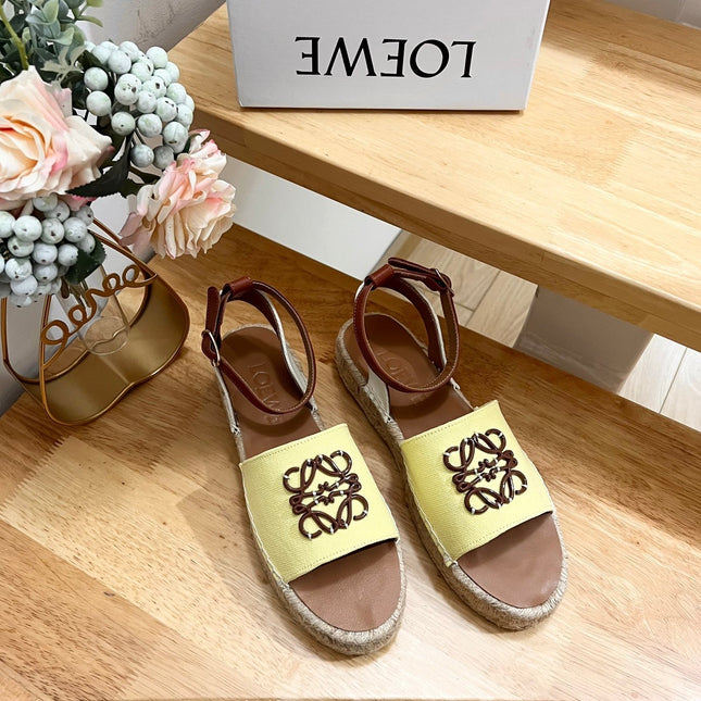 Loew Anagram Yellow Brown Leather And Canvas Espadrille Sandals