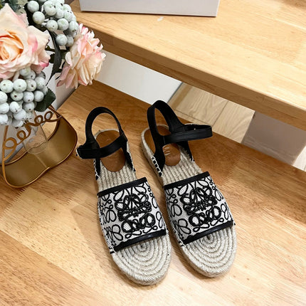 Loew Anagram Black logo White Black Beige Leather And Canvas Espadrille Sandals