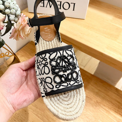 Loew Anagram Black logo White Black Beige Leather And Canvas Espadrille Sandals