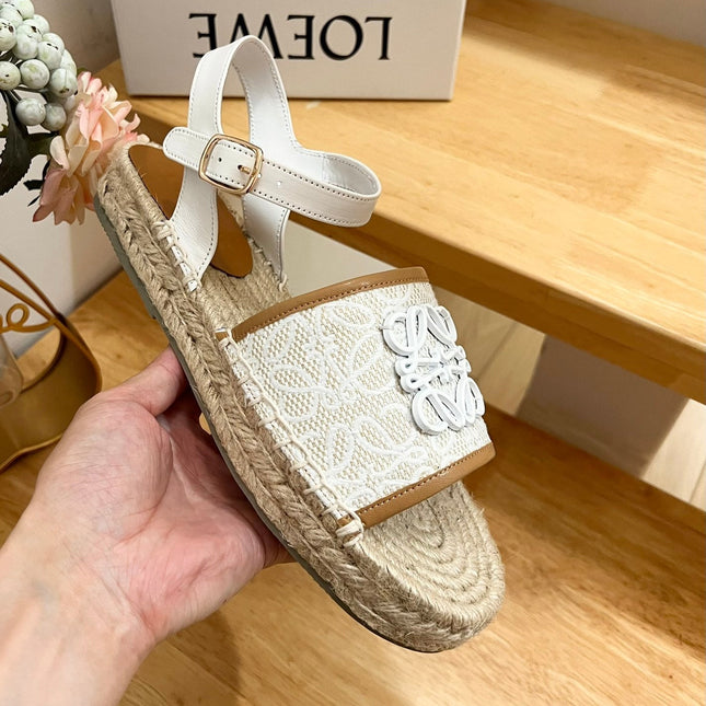 Loew Anagram White logo White Brown Leather And Canvas Espadrille Sandals
