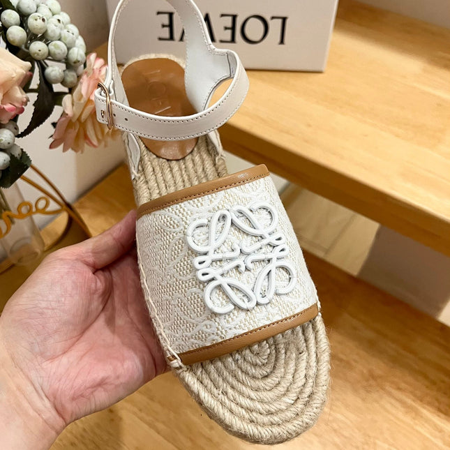 Loew Anagram White logo White Brown Leather And Canvas Espadrille Sandals