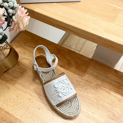 Loew Anagram White logo White Brown Leather And Canvas Espadrille Sandals
