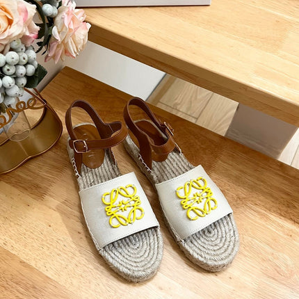 Loew Anagram Yellow logo White Brown Leather And Canvas Espadrille Sandals
