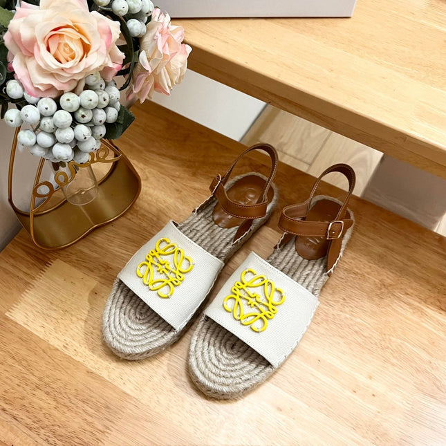 Loew Anagram Yellow logo White Brown Leather And Canvas Espadrille Sandals