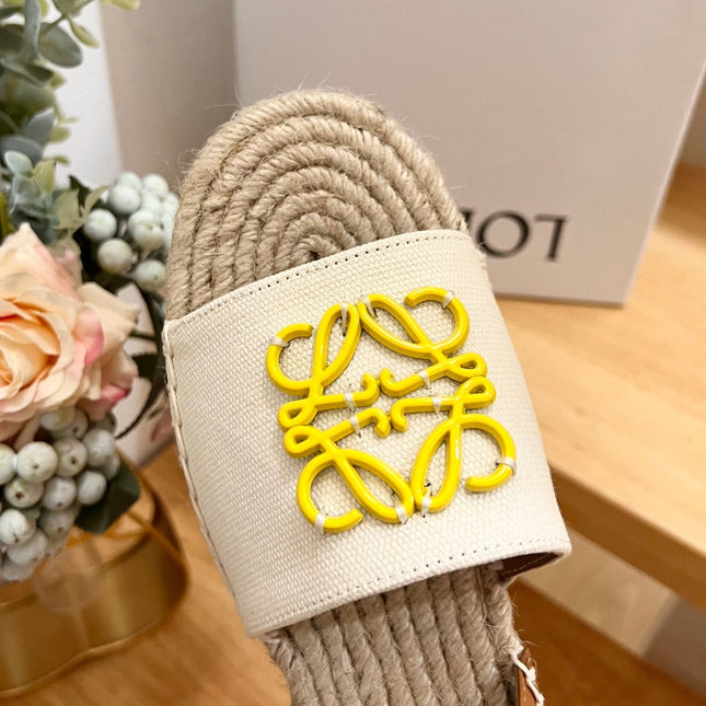 Loew Anagram Yellow logo White Brown Leather And Canvas Espadrille Sandals