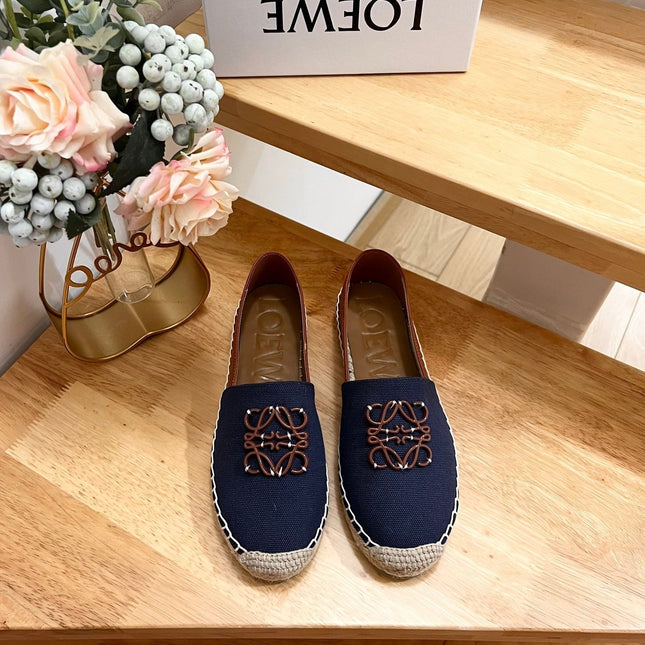 Loew Anagram Espadrille Denim Brown Leather and Canvas