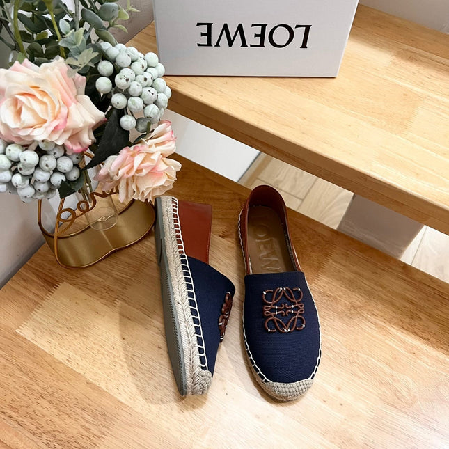 Loew Anagram Espadrille Denim Brown Leather and Canvas
