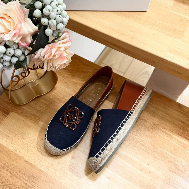 Loew Anagram Espadrille Denim Brown Leather and Canvas