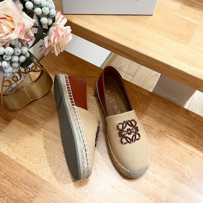 Loew Anagram Espadrille Beige Brown Leather and Canvas