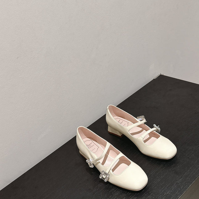 MINI TRES VIVIER STRASS BUCKLE BABIES BALLERINAS IN OFF WHITE PATENT CALFSKIN