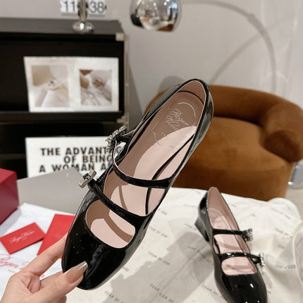 MINI TRES VIVIER STRASS BUCKLE BABIES BALLERINAS IN BLACK PATENT CALFSKIN