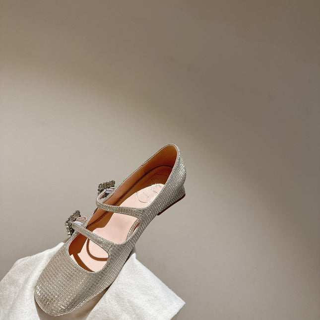 MINI TRES VIVIER STRASS BUCKLE BABIES BALLERINAS IN BEIGE CALFSKIN FULLY EMBELLISHED CRYSTALS