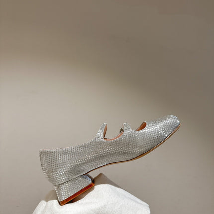 MINI TRES VIVIER STRASS BUCKLE BABIES BALLERINAS IN SILVER CALFSKIN FULLY EMBELLISHED CRYSTALS