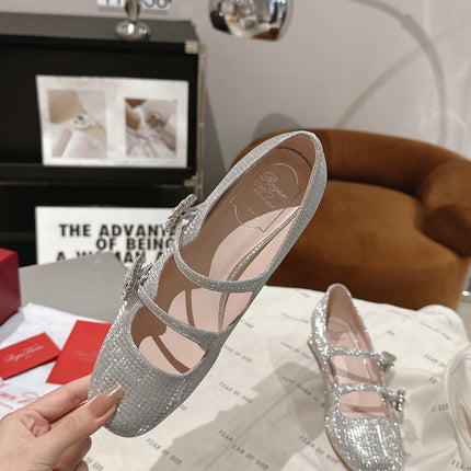 MINI TRES VIVIER STRASS BUCKLE BABIES BALLERINAS IN SILVER CALFSKIN FULLY EMBELLISHED CRYSTALS