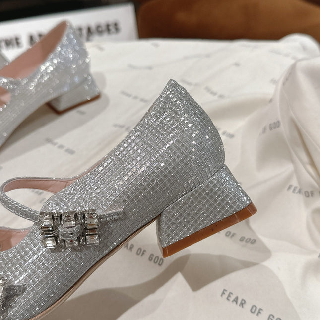 MINI TRES VIVIER STRASS BUCKLE BABIES BALLERINAS IN SILVER CALFSKIN FULLY EMBELLISHED CRYSTALS