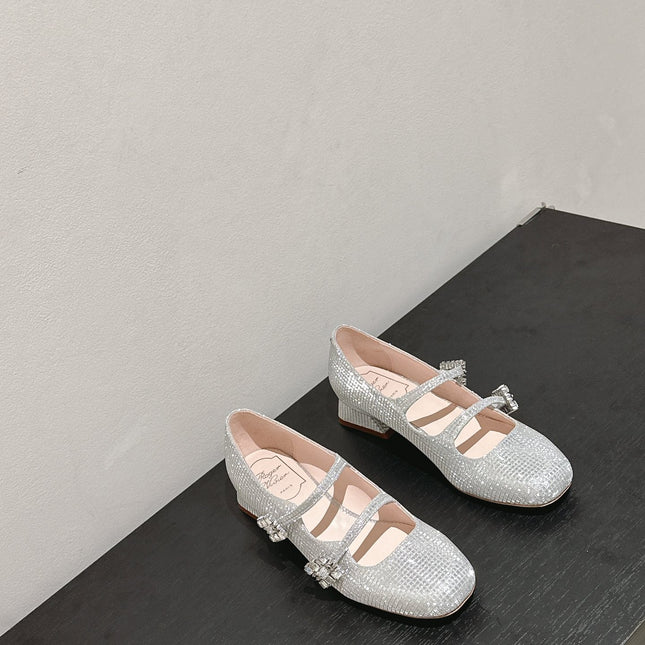 MINI TRES VIVIER STRASS BUCKLE BABIES BALLERINAS IN SILVER CALFSKIN FULLY EMBELLISHED CRYSTALS