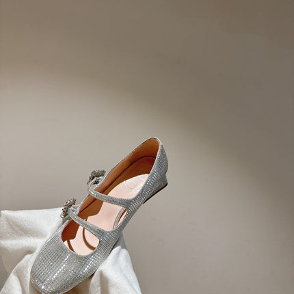 MINI TRES VIVIER STRASS BUCKLE BABIES BALLERINAS IN SILVER CALFSKIN FULLY EMBELLISHED CRYSTALS