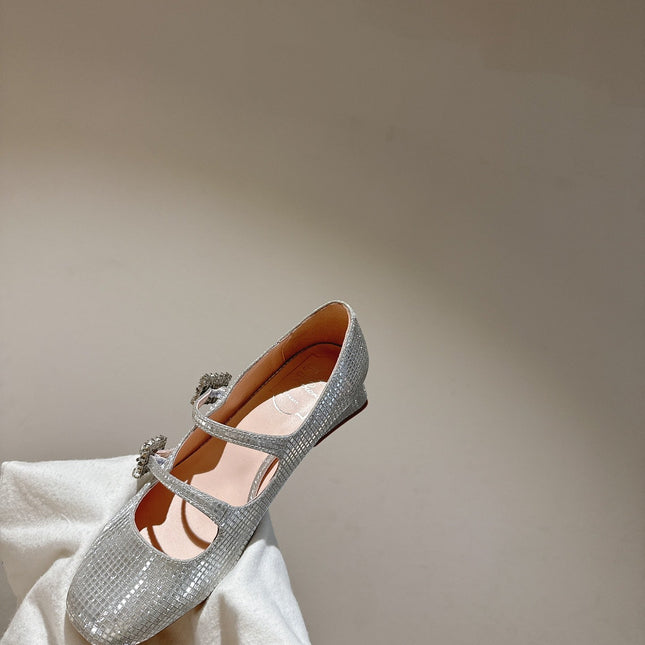 MINI TRES VIVIER STRASS BUCKLE BABIES BALLERINAS IN SILVER CALFSKIN FULLY EMBELLISHED CRYSTALS