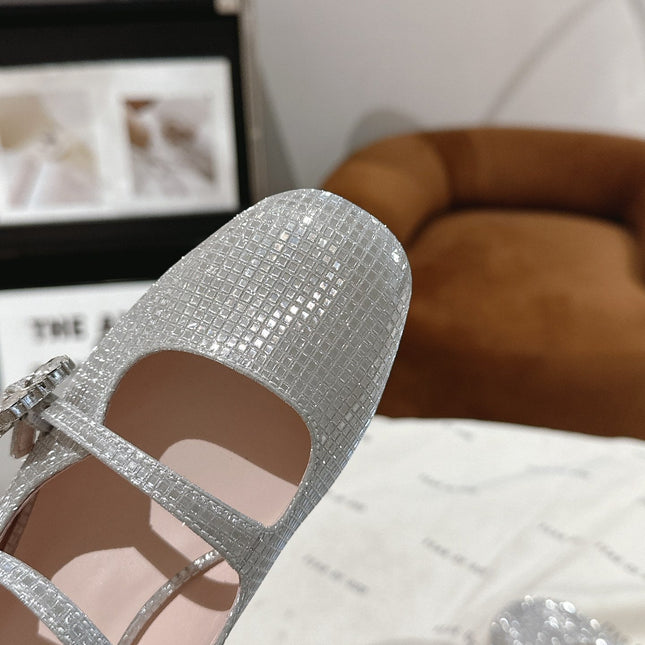 MINI TRES VIVIER STRASS BUCKLE BABIES BALLERINAS IN SILVER CALFSKIN FULLY EMBELLISHED CRYSTALS