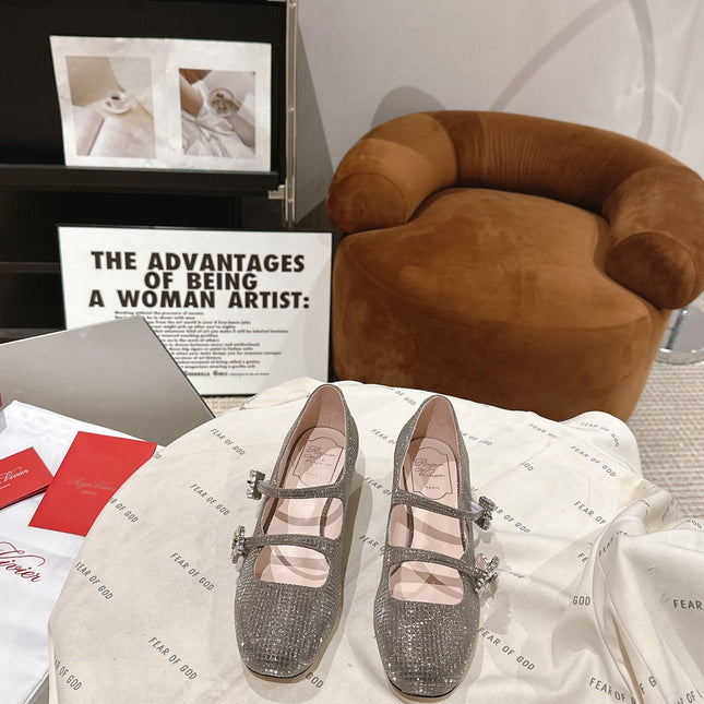 MINI TRES VIVIER STRASS BUCKLE BABIES BALLERINAS IN TAUPE CALFSKIN FULLY EMBELLISHED CRYSTALS