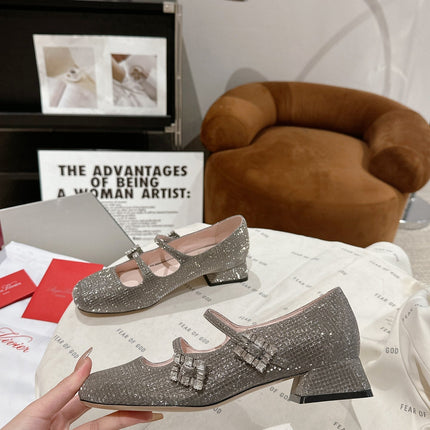 MINI TRES VIVIER STRASS BUCKLE BABIES BALLERINAS IN TAUPE CALFSKIN FULLY EMBELLISHED CRYSTALS