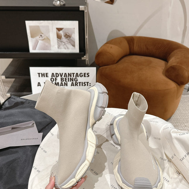 BALENCIAGA 25S SPEED TRAINER SNEAKERS 55 MM IN BEIGE AND GREY KNIT