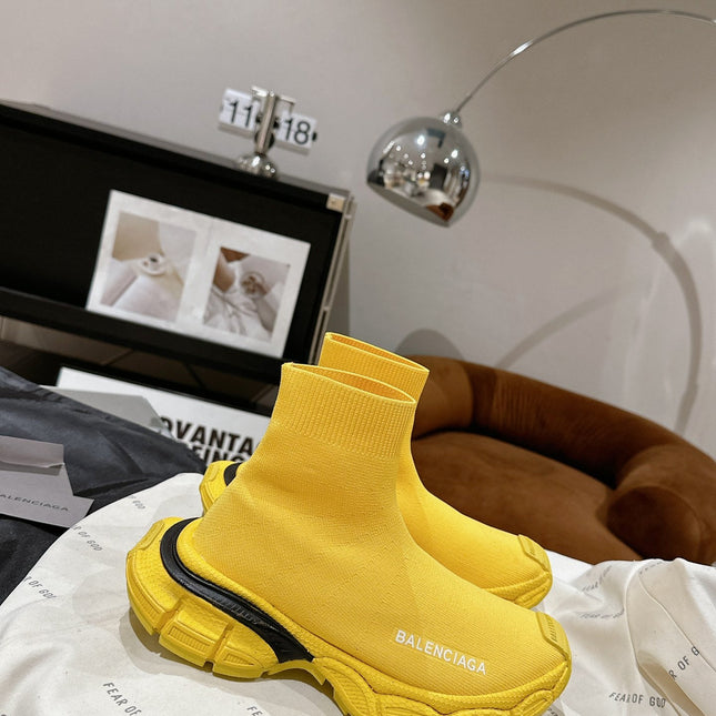BALENCIAGA 25S SPEED TRAINER SNEAKERS 55 MM IN YELLOW AND BLACK KNIT