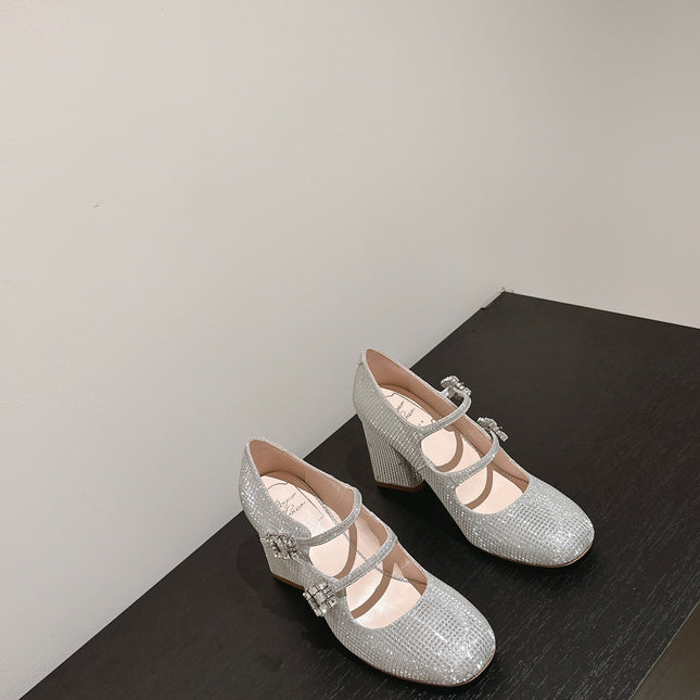 TRÈS VIVIER MARY JANE DOUBLE-STRAP PUMPS IN SILVER CALFSKIN FULLY EMBELLISHED CRYSTALS