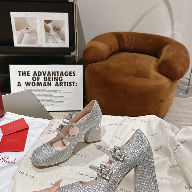 TRÈS VIVIER MARY JANE DOUBLE-STRAP PUMPS IN SILVER CALFSKIN FULLY EMBELLISHED CRYSTALS