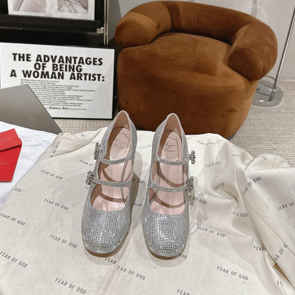 TRÈS VIVIER MARY JANE DOUBLE-STRAP PUMPS IN SILVER CALFSKIN FULLY EMBELLISHED CRYSTALS