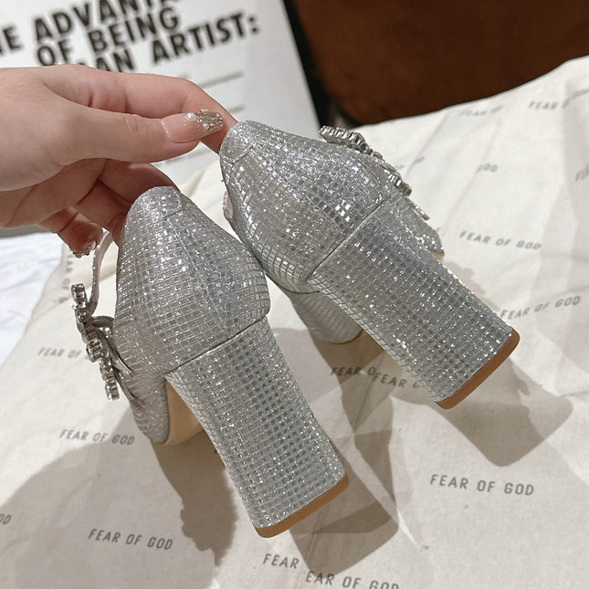 TRÈS VIVIER MARY JANE DOUBLE-STRAP PUMPS IN SILVER CALFSKIN FULLY EMBELLISHED CRYSTALS