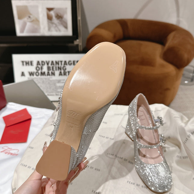 TRÈS VIVIER MARY JANE DOUBLE-STRAP PUMPS IN SILVER CALFSKIN FULLY EMBELLISHED CRYSTALS