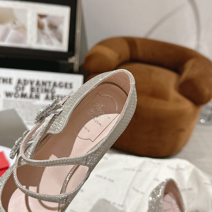 TRÈS VIVIER MARY JANE DOUBLE-STRAP PUMPS IN BEIGE CALFSKIN FULLY EMBELLISHED CRYSTALS