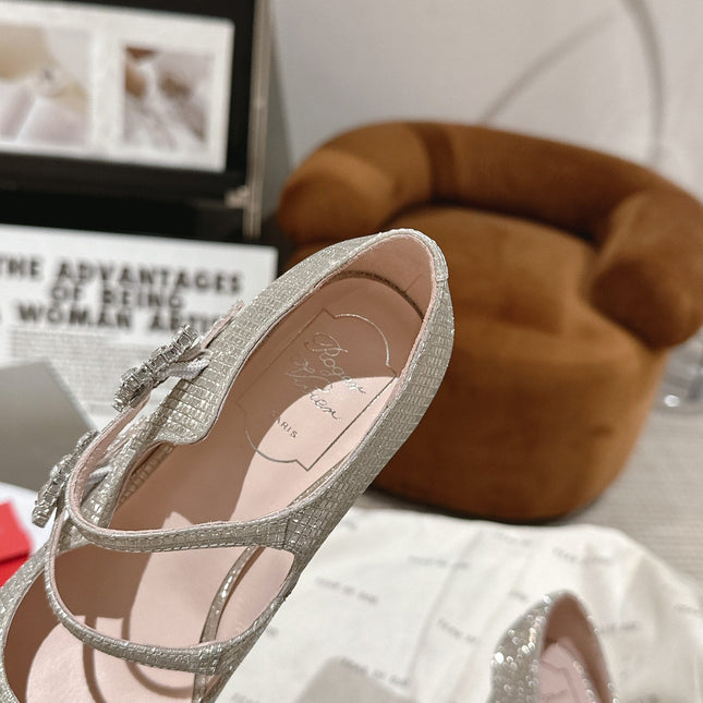 TRÈS VIVIER MARY JANE DOUBLE-STRAP PUMPS IN BEIGE CALFSKIN FULLY EMBELLISHED CRYSTALS