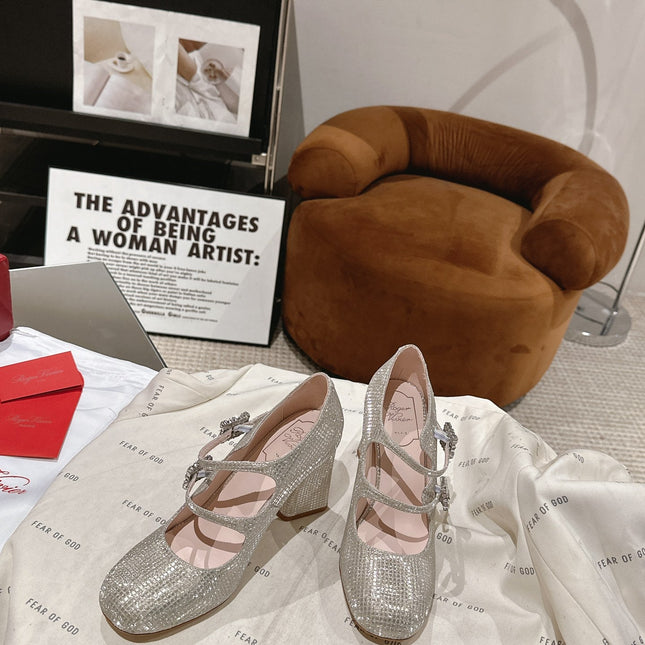 TRÈS VIVIER MARY JANE DOUBLE-STRAP PUMPS IN BEIGE CALFSKIN FULLY EMBELLISHED CRYSTALS