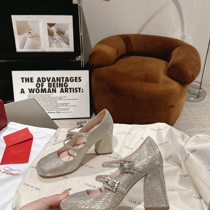 TRÈS VIVIER MARY JANE DOUBLE-STRAP PUMPS IN BEIGE CALFSKIN FULLY EMBELLISHED CRYSTALS