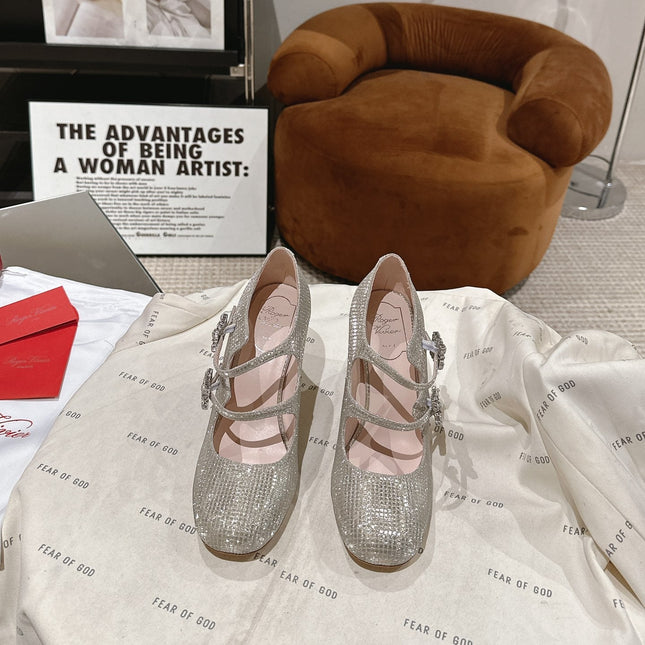 TRÈS VIVIER MARY JANE DOUBLE-STRAP PUMPS IN BEIGE CALFSKIN FULLY EMBELLISHED CRYSTALS