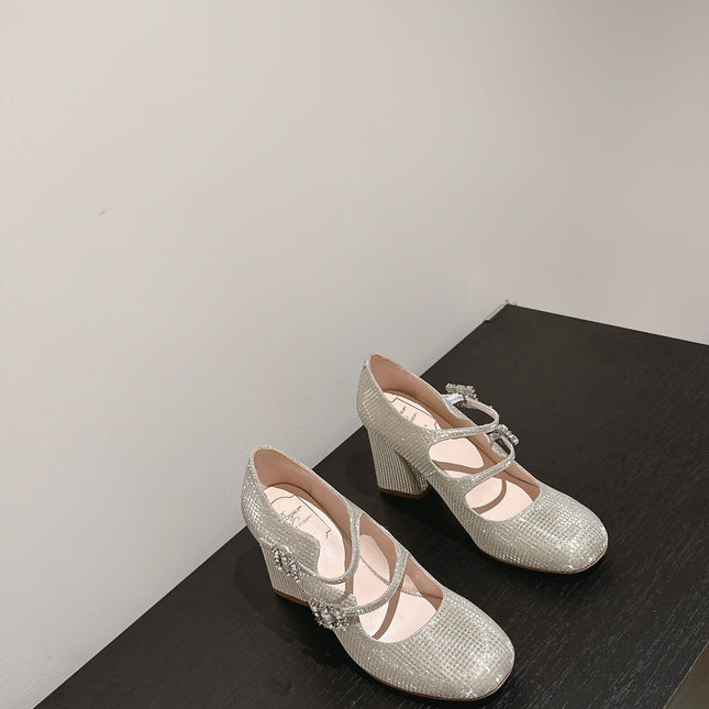 TRÈS VIVIER MARY JANE DOUBLE-STRAP PUMPS IN BEIGE CALFSKIN FULLY EMBELLISHED CRYSTALS