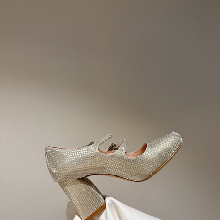 TRÈS VIVIER MARY JANE DOUBLE-STRAP PUMPS IN BEIGE CALFSKIN FULLY EMBELLISHED CRYSTALS