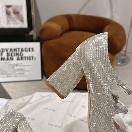 TRÈS VIVIER MARY JANE DOUBLE-STRAP PUMPS IN BEIGE CALFSKIN FULLY EMBELLISHED CRYSTALS