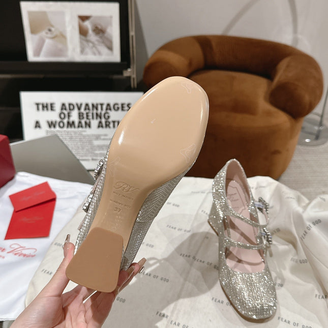 TRÈS VIVIER MARY JANE DOUBLE-STRAP PUMPS IN BEIGE CALFSKIN FULLY EMBELLISHED CRYSTALS