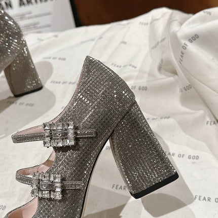 TRÈS VIVIER MARY JANE DOUBLE-STRAP PUMPS IN TAUPE CALFSKIN FULLY EMBELLISHED CRYSTALS