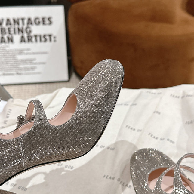 TRÈS VIVIER MARY JANE DOUBLE-STRAP PUMPS IN TAUPE CALFSKIN FULLY EMBELLISHED CRYSTALS