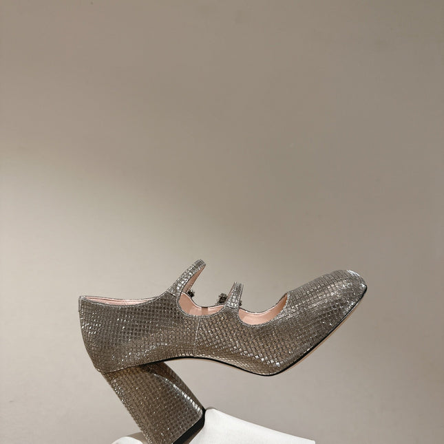 TRÈS VIVIER MARY JANE DOUBLE-STRAP PUMPS IN TAUPE CALFSKIN FULLY EMBELLISHED CRYSTALS