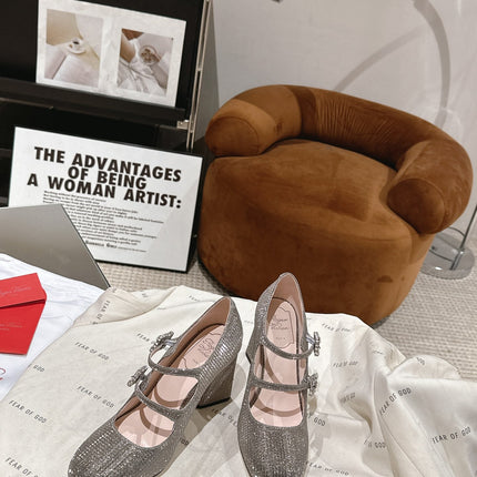 TRÈS VIVIER MARY JANE DOUBLE-STRAP PUMPS IN TAUPE CALFSKIN FULLY EMBELLISHED CRYSTALS